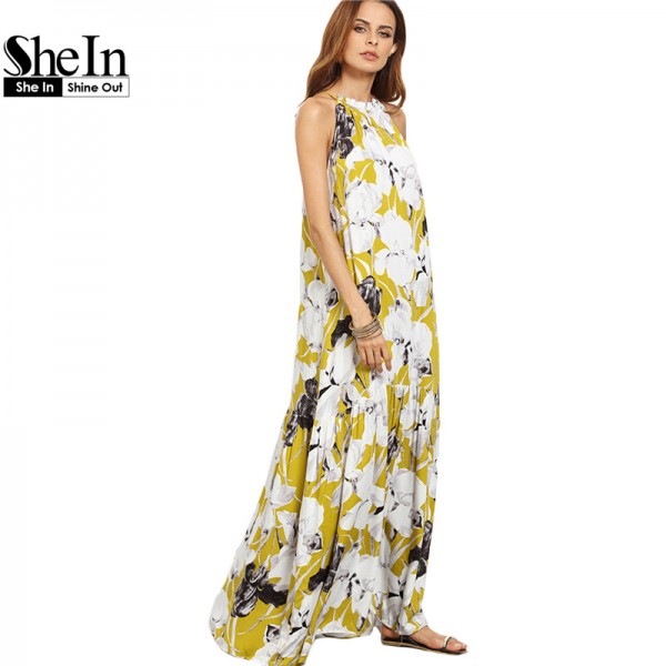 SheIn Womens Summer Long Beach Dresses Boho Ladies New Style Fashion Multicolor Floral Print Sleeveless Maxi Dress