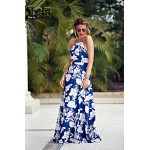 SheIn Womens Summer Maxi Dresses New Arrival Ladies Boho Dress Sleeveless Blue Halter Neck Floral Print Vintage A Line Dress