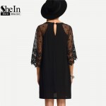 SheIn Womens Summer Shift Dresses Ladies Black Hollow Out Crochet Three Quarter Length Sleeve Round Neck Casual Tunic Dress