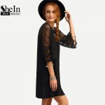 SheIn Womens Summer Shift Dresses Ladies Black Hollow Out Crochet Three Quarter Length Sleeve Round Neck Casual Tunic Dress