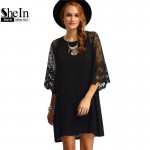 SheIn Womens Summer Shift Dresses Ladies Black Hollow Out Crochet Three Quarter Length Sleeve Round Neck Casual Tunic Dress