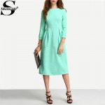 Sheinside 2016 Falle Green Three Quarter Length Sleeve A Line Midi Round Neck A Line Dress Women Elegant Dress
