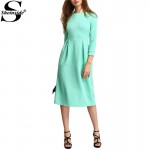 Sheinside 2016 Falle Green Three Quarter Length Sleeve A Line Midi Round Neck A Line Dress Women Elegant Dress