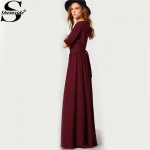 Sheinside 2016 Female Korean Designer Elegant Fashionable Brand New Arrival Cute Burgundy Round Neck Maxi Dress