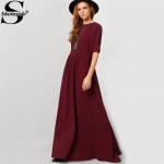 Sheinside 2016 Female Korean Designer Elegant Fashionable Brand New Arrival Cute Burgundy Round Neck Maxi Dress