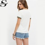 Sheinside 2016 Ladies Beige Short Sleeve Embroidered Tees Summer New Style Round Neck Loose Tops Casual T-shirt 