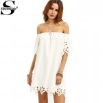 Sheinside 2016 New Style Sexy Ladies White Cutout Off The Shoulder Shift Dress Solid Half Sleeve Shift Dress