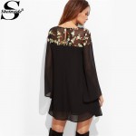 Sheinside A Line Long Sleeve Women Summer Mini Dress Black Floral Embroidered Mesh Shoulder Kimono Sleeve Dress 