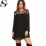 Sheinside A Line Long Sleeve Women Summer Mini Dress Black Floral Embroidered Mesh Shoulder Kimono Sleeve Dress 