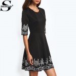 Sheinside A-line Boho Dresses Summer Style Vintage Women 2016 New Arrival Ladies Black Half Sleeve Embroidered Flare Dress