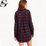 Sheinside Autumn Dresses for Woman Brand Women Business Casual Clothing Navy Plaid Roll Tab Sleeve Half Placket Shirt Dress 