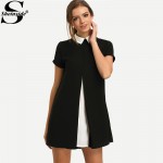 Sheinside Black White Contrast Collared Spliced Women Dresses Casual Summer Style Women 2016 New Ladies Color Block Mini Dress