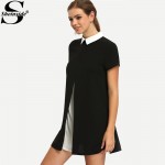 Sheinside Black White Contrast Collared Spliced Women Dresses Casual Summer Style Women 2016 New Ladies Color Block Mini Dress