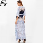 Sheinside Blue Maxi Summer Dress Women Blossom Print Flutter Sleeve Tied Casual Beach Dresses 2017 Surplice Wrap Elegant Dress