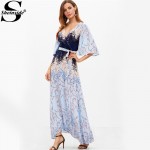 Sheinside Blue Maxi Summer Dress Women Blossom Print Flutter Sleeve Tied Casual Beach Dresses 2017 Surplice Wrap Elegant Dress