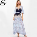 Sheinside Blue Maxi Summer Dress Women Blossom Print Flutter Sleeve Tied Casual Beach Dresses 2017 Surplice Wrap Elegant Dress