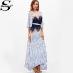 Sheinside Blue Maxi Summer Dress Women Blossom Print Flutter Sleeve Tied Casual Beach Dresses 2017 Surplice Wrap Elegant Dress