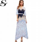 Sheinside Blue Maxi Summer Dress Women Blossom Print Flutter Sleeve Tied Casual Beach Dresses 2017 Surplice Wrap Elegant Dress