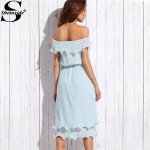 Sheinside Blue Off The Shoulder Ruffle Tie Waist Short Sleeve Knee Length Dress Ladies Summer Shift Dress