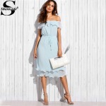 Sheinside Blue Off The Shoulder Ruffle Tie Waist Short Sleeve Knee Length Dress Ladies Summer Shift Dress