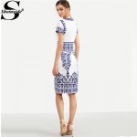 Sheinside Blue Print Winter Dresses Women 2016 Sheath White Elegant Vintage Dress Bodycon Ladies Pencil Knee Length Dress