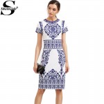 Sheinside Blue Print Winter Dresses Women 2016 Sheath White Elegant Vintage Dress Bodycon Ladies Pencil Knee Length Dress