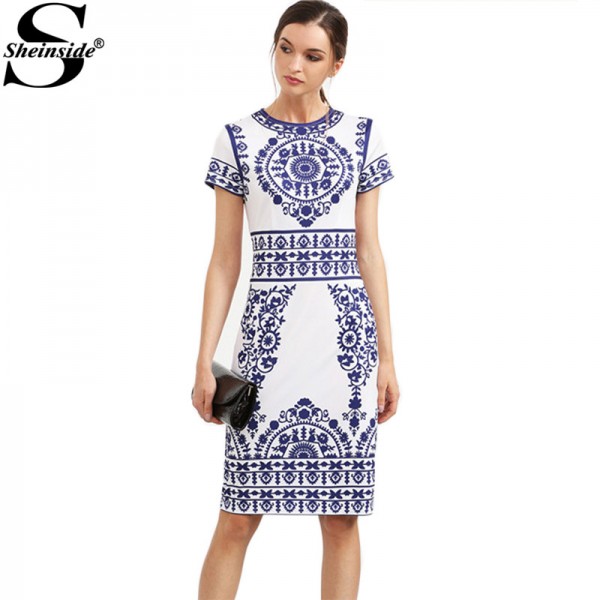 Sheinside Blue Print Winter Dresses Women 2016 Sheath White Elegant Vintage Dress Bodycon Ladies Pencil Knee Length Dress