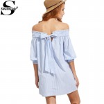 Sheinside Blue Striped Bow Back Off The Shoulder Shift Mini Dress Summer Beach Wear Women Half Sleeve Dress