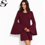 Sheinside Burgundy Flare Sleeve Shift Dress 2016 Fall New Style Ladies Round Neck Long Sleeve Loose Mini Dress