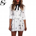 Sheinside Casual Tunic Women Summer Style 2016 Cute Mini Dresses Ladies White Long Sleeve Dragonfly Print Short Dress