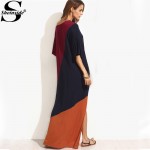 Sheinside Color Block Split Side Maxi Dress Women Summer Style Multicolor Round Neck Half Sleeve Long Dress