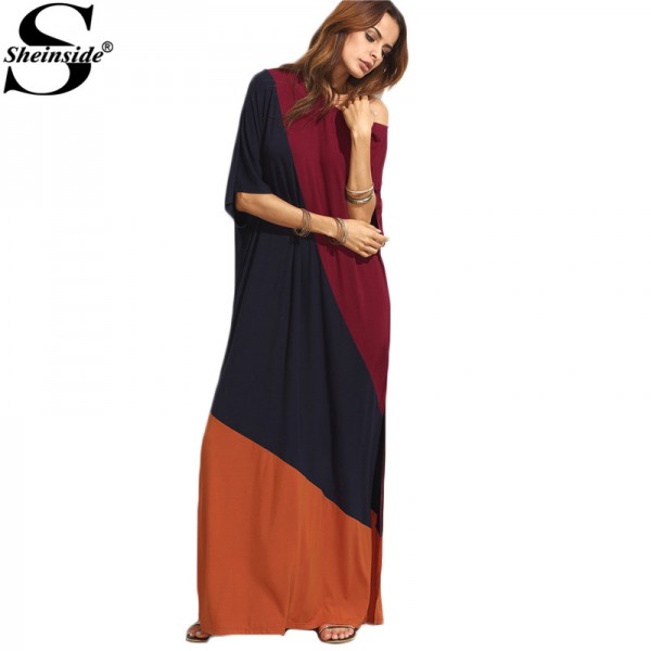 Sheinside Color Block Split Side Maxi Dress Women Summer Style Multicolor Round Neck Half Sleeve Long Dress