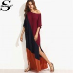 Sheinside Color Block Split Side Maxi Dress Women Summer Style Multicolor Round Neck Half Sleeve Long Dress