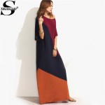 Sheinside Color Block Split Side Maxi Dress Women Summer Style Multicolor Round Neck Half Sleeve Long Dress