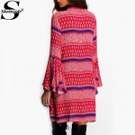 Sheinside Cute Boho Dresses 2016 New Arrival Clothes For Ladies Flare Long Sleeve Tassel Vintage Print A Line Stand Neck Dress