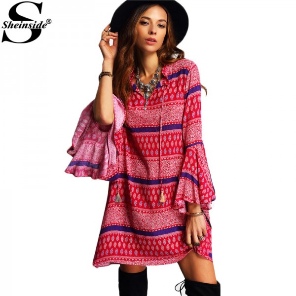 Sheinside Cute Boho Dresses 2016 New Arrival Clothes For Ladies Flare Long Sleeve Tassel Vintage Print A Line Stand Neck Dress