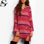 Sheinside Cute Boho Dresses 2016 New Arrival Clothes For Ladies Flare Long Sleeve Tassel Vintage Print A Line Stand Neck Dress