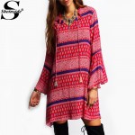 Sheinside Cute Boho Dresses 2016 New Arrival Clothes For Ladies Flare Long Sleeve Tassel Vintage Print A Line Stand Neck Dress