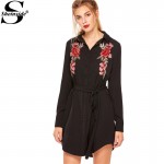 Sheinside Designer Dress Women Office Dresses Midi Dresses Black Floral Embroidered Curved Hem Belted Shirt Dress 