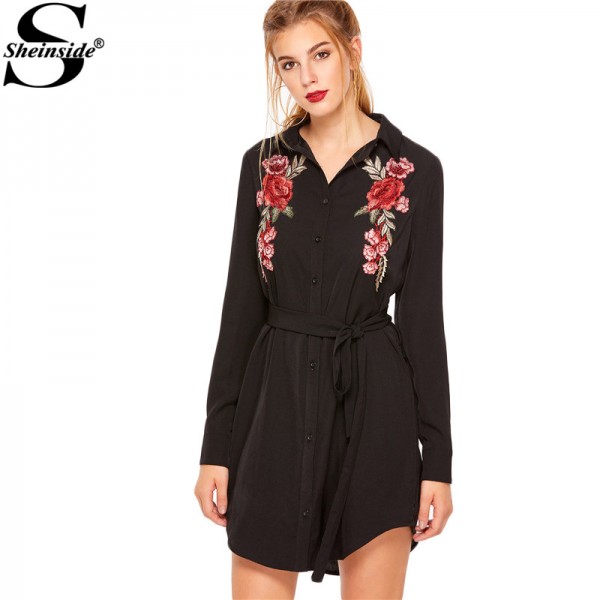 Sheinside Designer Dress Women Office Dresses Midi Dresses Black Floral Embroidered Curved Hem Belted Shirt Dress 