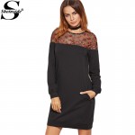 Sheinside Elegant Dress Full Sleeve Dresses Designer Black Dresses Black Embroidered Mesh Yoke Sweatshirt Dress 