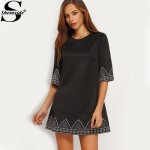 Sheinside Elegant Ladies Korean Style Women's 2016 Black Round Neck Hlaf Sleeve Embroidered A Line Work Wear Office Dress