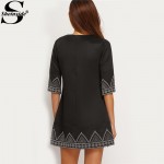 Sheinside Elegant Ladies Korean Style Women's 2016 Black Round Neck Hlaf Sleeve Embroidered A Line Work Wear Office Dress