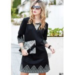 Sheinside Elegant Ladies Korean Style Women's 2016 Black Round Neck Hlaf Sleeve Embroidered A Line Work Wear Office Dress