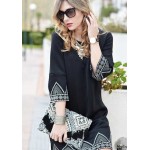 Sheinside Elegant Ladies Korean Style Women's 2016 Black Round Neck Hlaf Sleeve Embroidered A Line Work Wear Office Dress