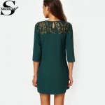 Sheinside Female Shift Dresses Women Vestiti Donna Casual New Arrival Dark Green Three Quarter Length Sleeve Mini Dress