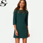 Sheinside Female Shift Dresses Women Vestiti Donna Casual New Arrival Dark Green Three Quarter Length Sleeve Mini Dress