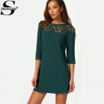 Sheinside Female Shift Dresses Women Vestiti Donna Casual New Arrival Dark Green Three Quarter Length Sleeve Mini Dress