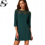 Sheinside Female Shift Dresses Women Vestiti Donna Casual New Arrival Dark Green Three Quarter Length Sleeve Mini Dress