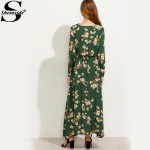 Sheinside Green Blossom Print Buttoned Front Bohemian Long Dress Autumn New Style Women Round Neck Long Sleeve Maxi Dress